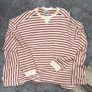 American Eagle Red and Cream Striped Crewneck Sweater